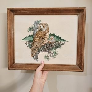 Vintage Owl Nest Cloth Screen Print Wood Frame Cottagecore Cabin Nature